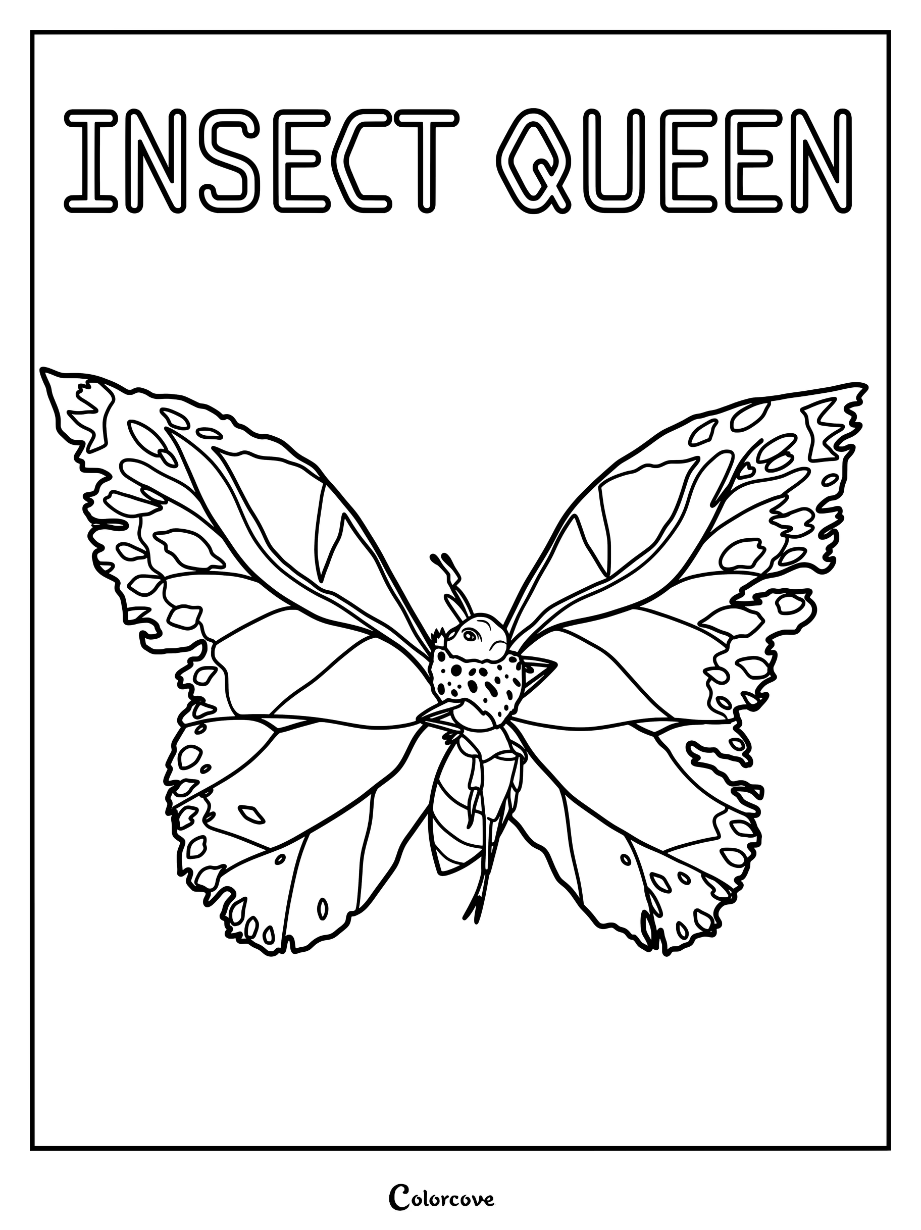 A detailed line art coloring page featuring the Insect Queen from Hoppers, depicted as a majestic butterfly with intricate wing patterns.