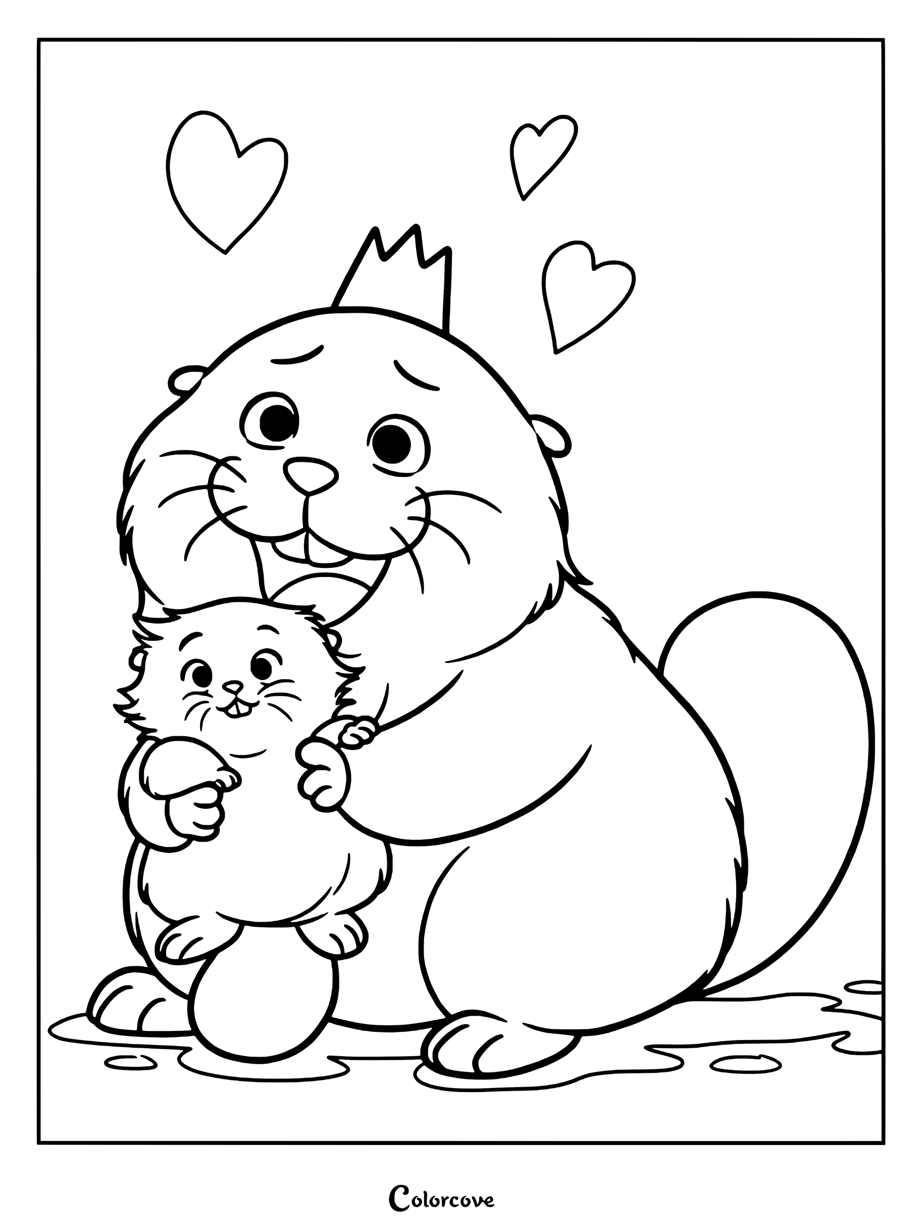 A printable coloring page featuring King George the beaver wearing a crown while hugging Mabel Tanaka in her robotic beaver form, surrounded by floating hearts.