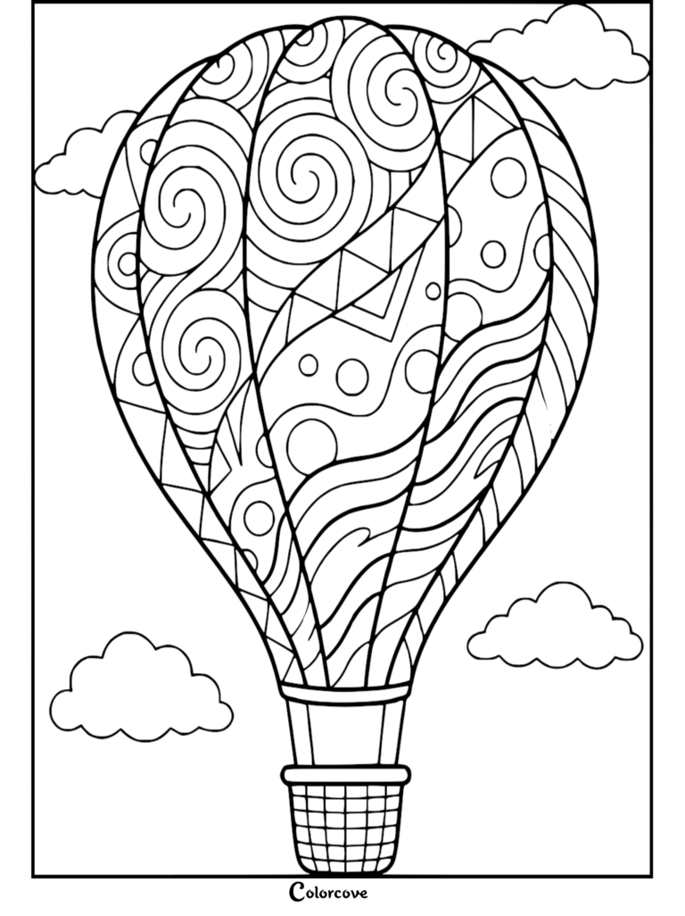 A detailed hot air balloon coloring page featuring geometric patterns, swirls, and polka dots floating among fluffy clouds.