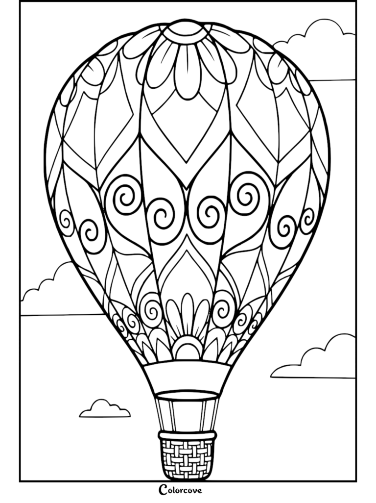 A detailed hot air balloon coloring page featuring mandala-style floral patterns and swirls floating among simple clouds.