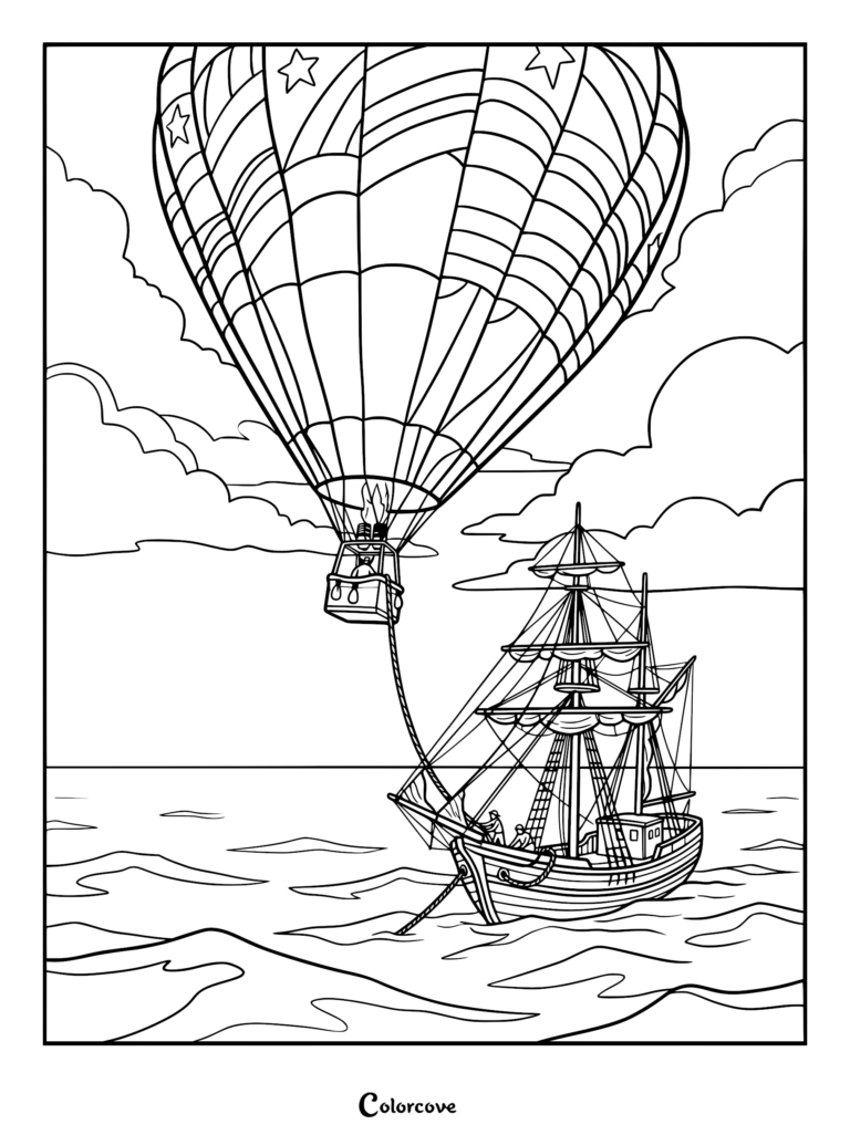 A star-patterned hot air balloon towing a wooden sailing ship across the ocean in this printable coloring page.