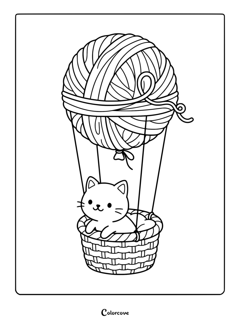 A cute kitten sitting in a woven basket attached to a giant yarn ball hot air balloon coloring page.