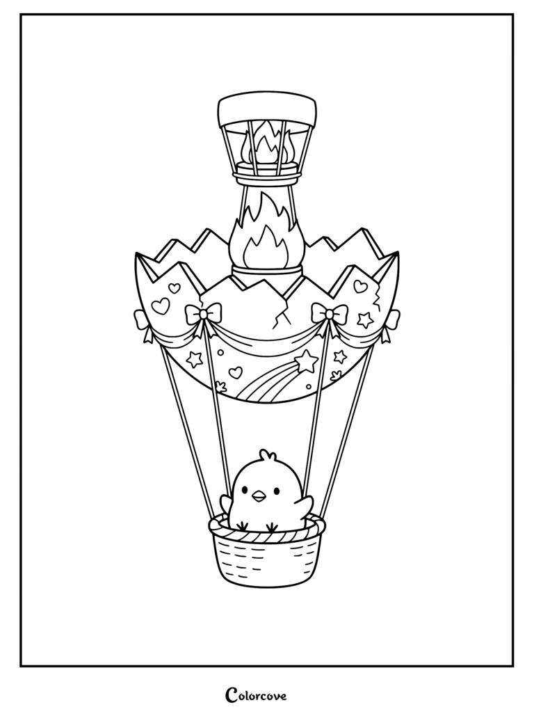 A cute chick sitting in a basket attached to a cracked eggshell hot air balloon coloring page with stars and hearts.