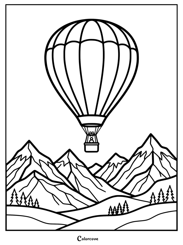 A simple line art coloring page of a hot air balloon floating above a jagged mountain range with small pine trees in the foreground.