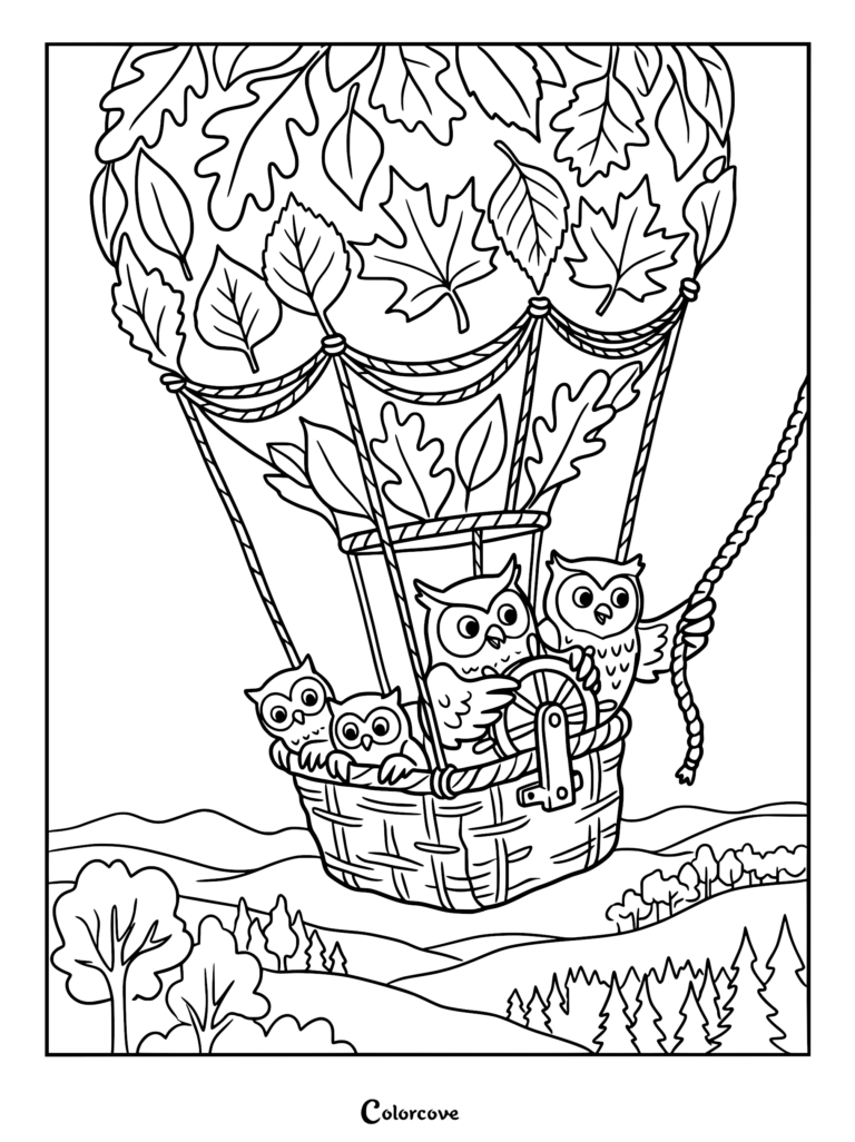 Four owls riding in a hot air balloon decorated with autumn leaves, coloring page style line art.