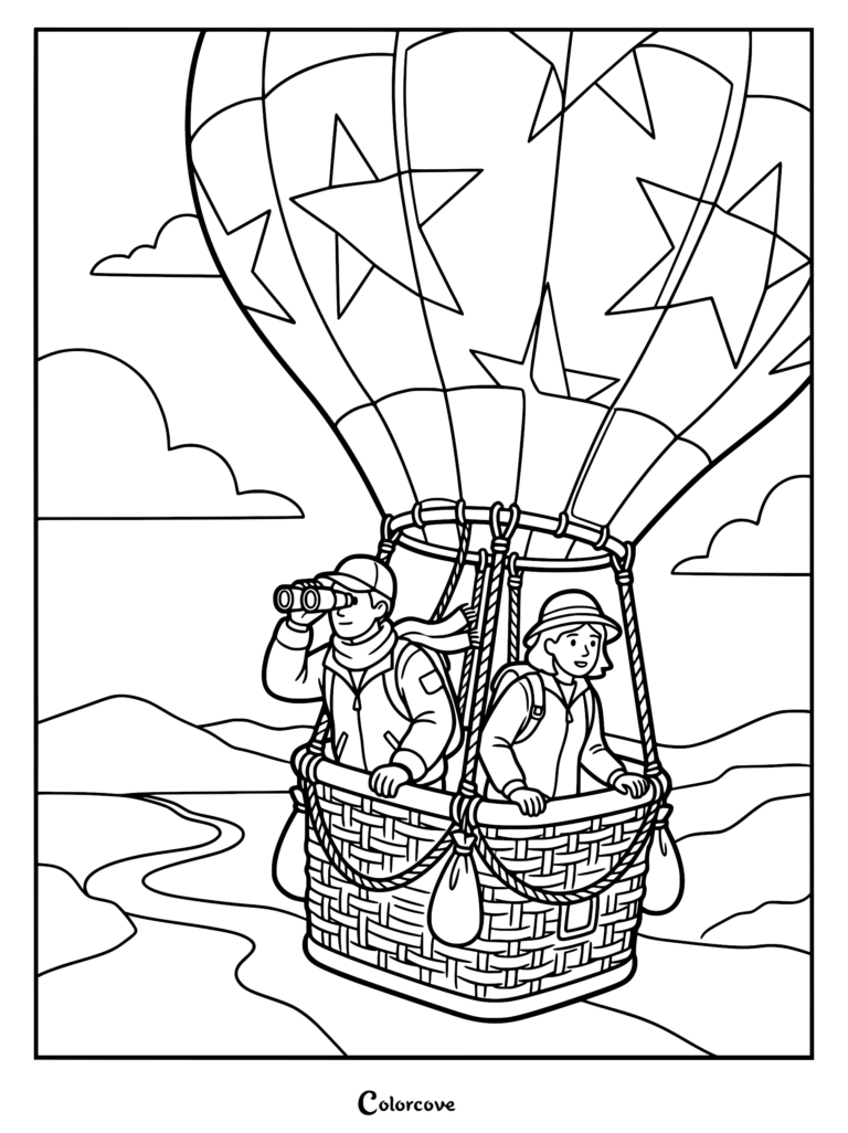 A man with binoculars and a woman in a sun hat riding in a star-patterned hot air balloon coloring page.