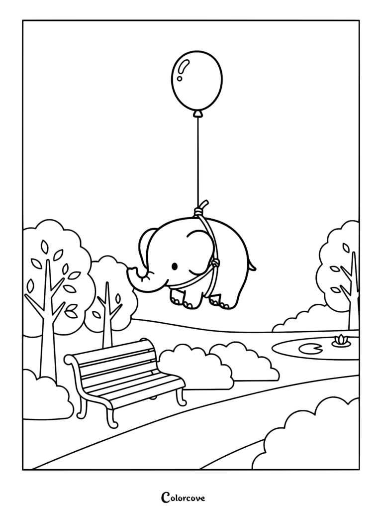A cute baby elephant floating in the air held by a single balloon in a park setting, printable coloring page.