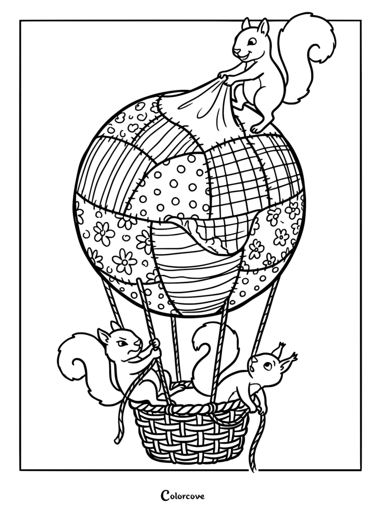 Three squirrels riding in a patchwork hot air balloon coloring page with floral and polka dot patterns.