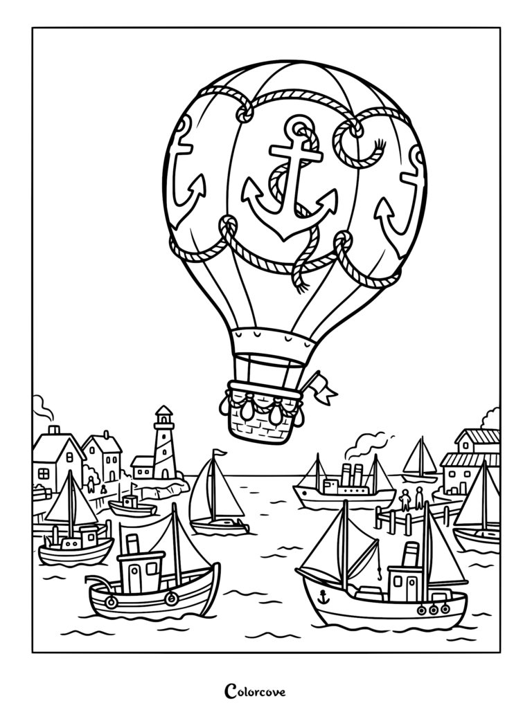 A hot air balloon decorated with anchors and ropes flying over a busy harbor with sailboats and a lighthouse in this printable coloring page.