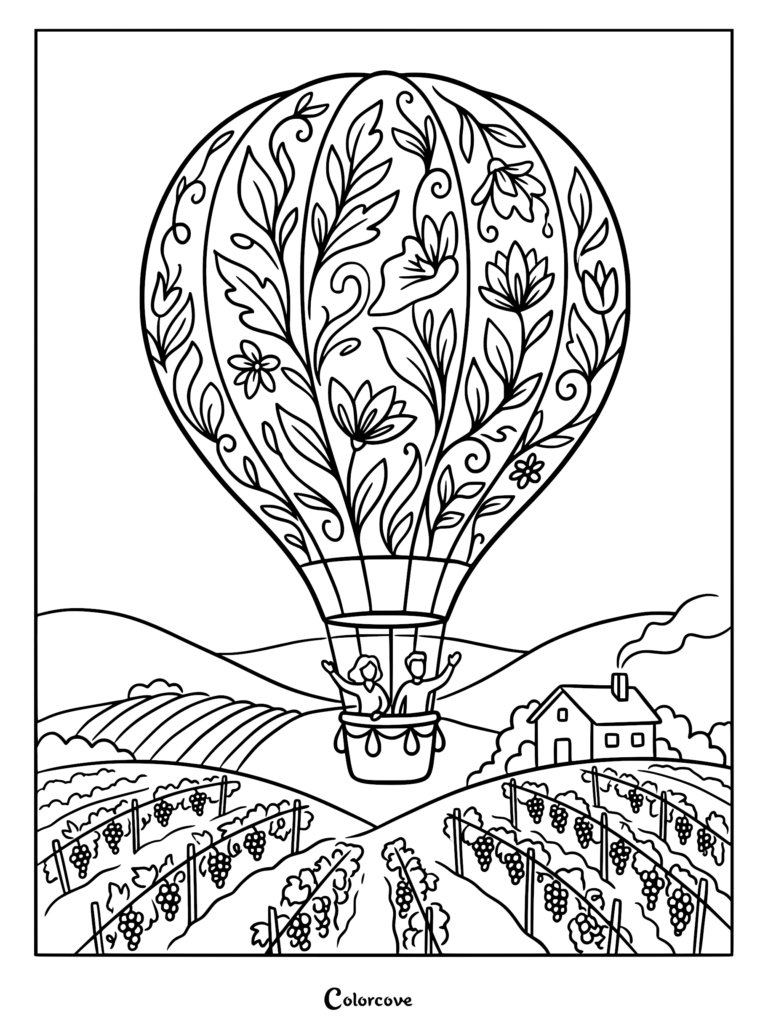 A floral patterned hot air balloon carrying two people waving over a vineyard with a small house, printable coloring page.