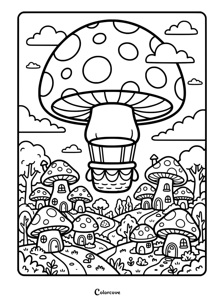 A whimsical mushroom-shaped hot air balloon floating over a village of small mushroom houses in a coloring page format.