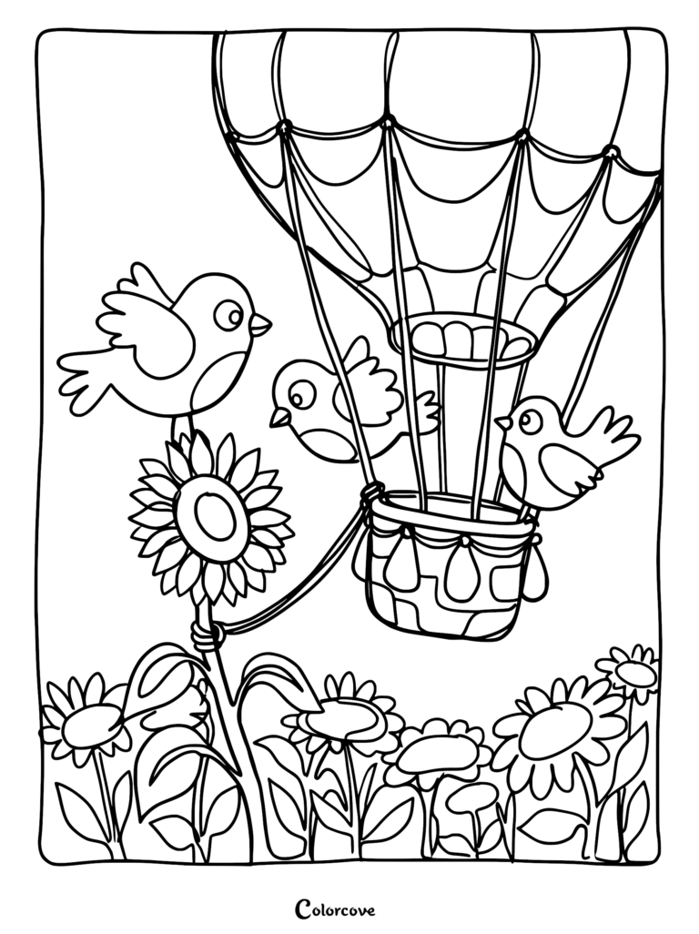 Three cute birds flying in a hot air balloon tethered to a large sunflower in a garden coloring page