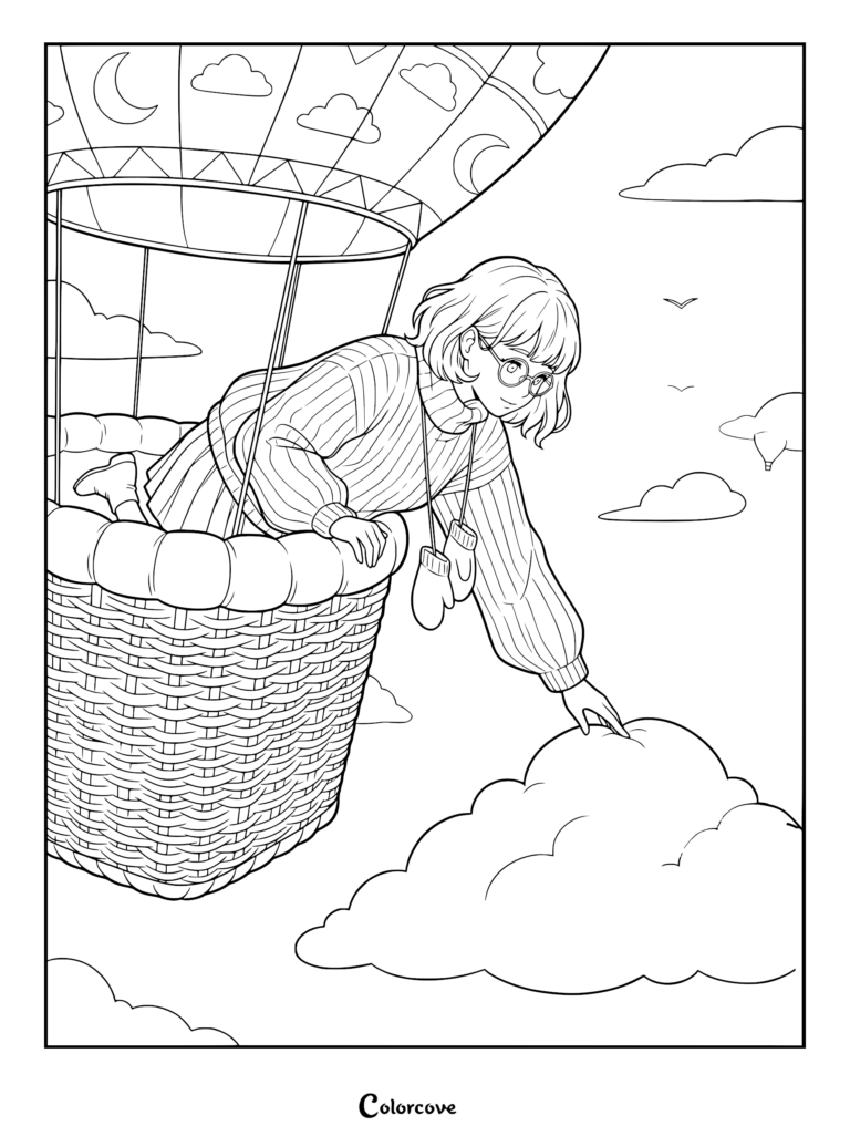 A girl with glasses and a sweater reaching out to touch a cloud from a hot air balloon coloring page.