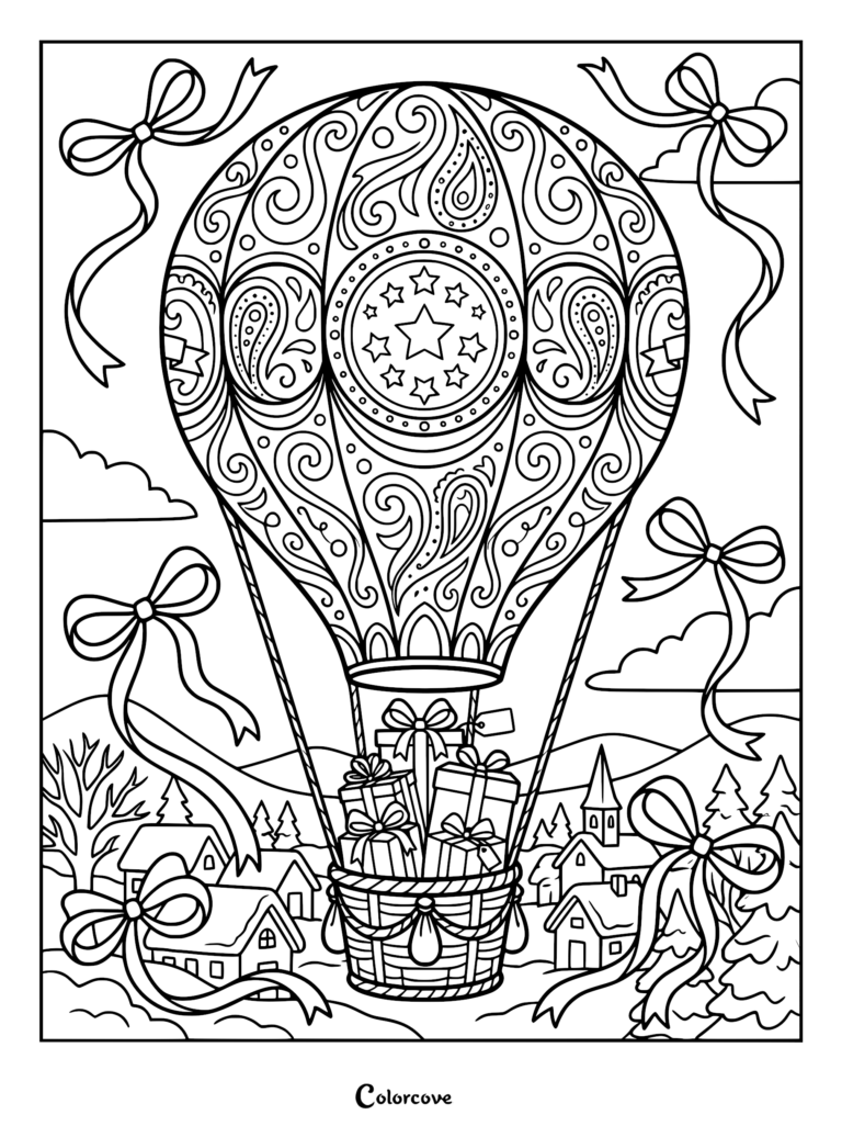 A detailed coloring page featuring a paisley-patterned hot air balloon filled with gift boxes, floating over a snowy village with decorative ribbons.