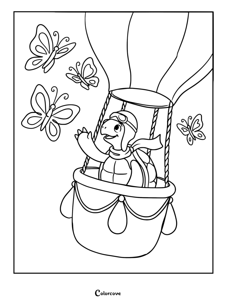 Toby Turtle wearing aviator goggles and a scarf waving from a hot air balloon basket surrounded by butterflies in this printable coloring page.