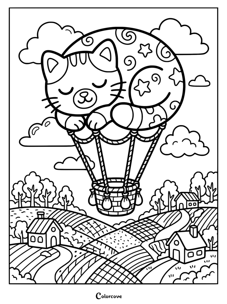A cute cartoon cat curled up as a hot air balloon floating over a rural landscape in this printable coloring page.