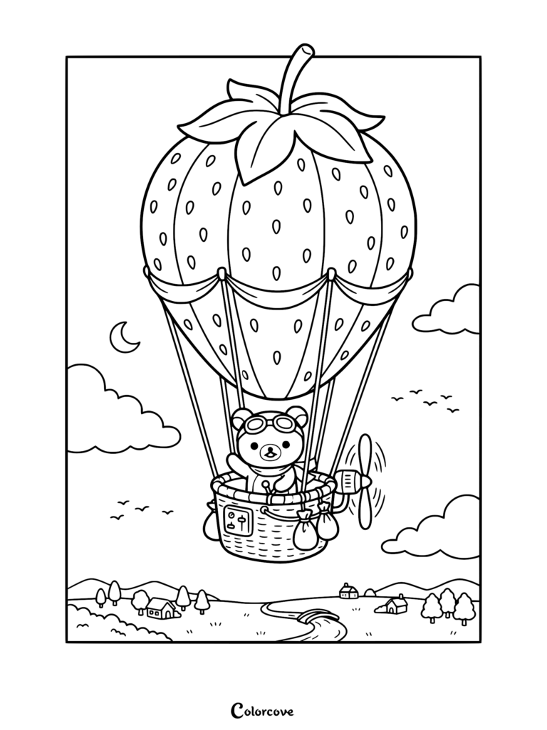 Rilakkuma wearing aviator goggles piloting a strawberry-shaped hot air balloon in this printable coloring page.