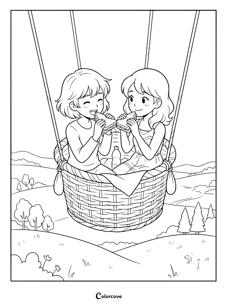 Two girls eating sandwiches inside a wicker hot air balloon basket, a printable coloring page featuring a scenic landscape background.
