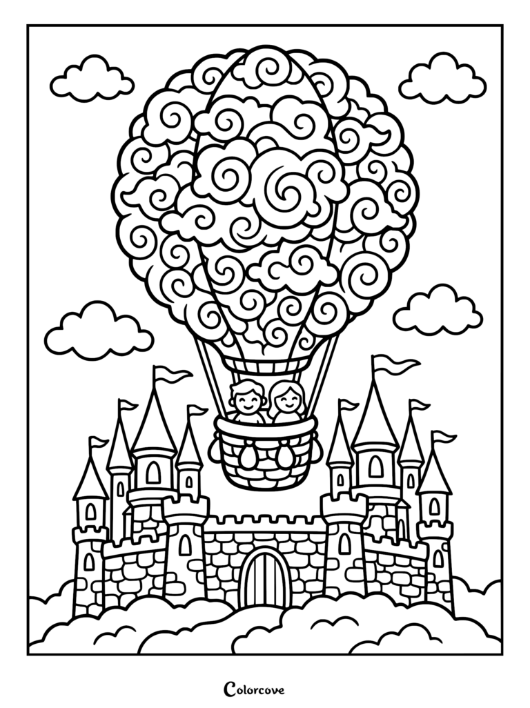 A whimsical hot air balloon with swirl patterns floating above a stone castle, featured in a printable coloring page.