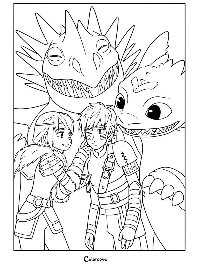 Page de coloriage à imprimer d'Astrid et Harold souriant avec de la peinture faciale rouge aux côtés de Tempête et Krokmou, tirée de Dragons.
