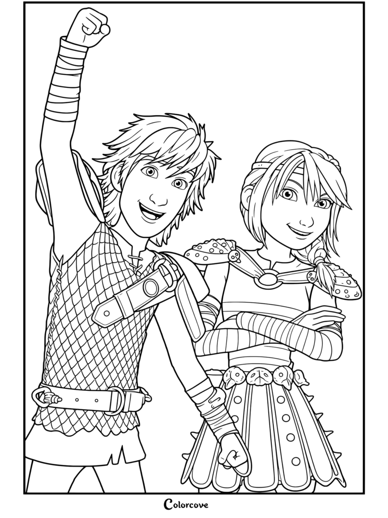 Page de coloriage Dragons représentant Harold et Astrid côte à côte, souriant, avec Harold levant le poing en l'air.