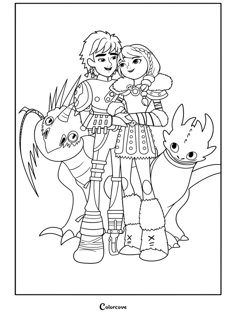 Page de coloriage à imprimer d'Harold et Astrid se tenant ensemble avec Tempête et Krokmou, souriant affectueusement, tirée de Dragons.