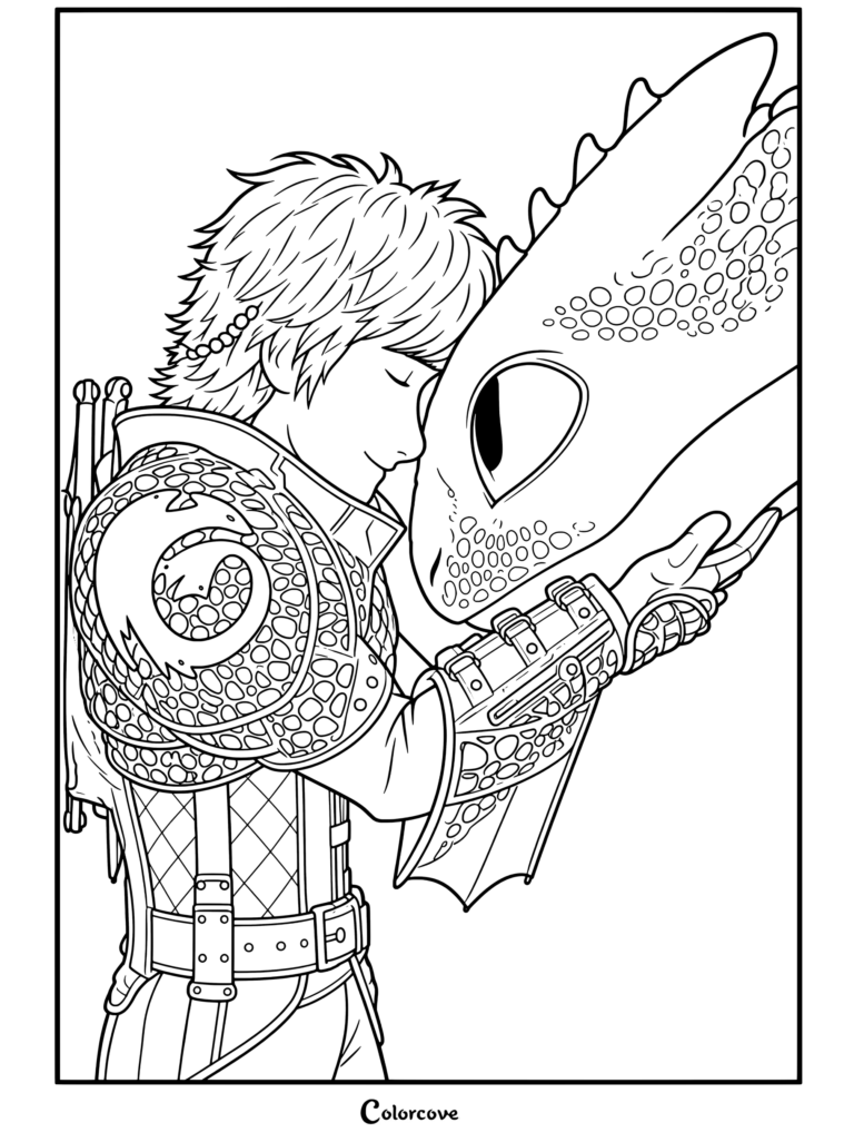 Harold et Krokmou se faisant un câlin affectueux front contre front dans cette page de coloriage Dragons.