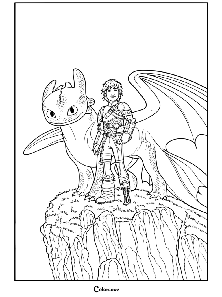 Harold et Krokmou se tenant ensemble sur une falaise herbeuse au coucher du soleil dans cette page de coloriage Dragons.
