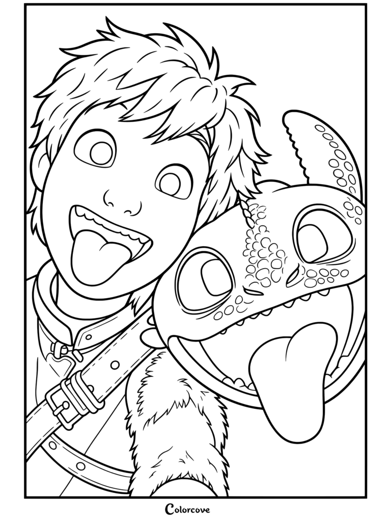 Page de coloriage Dragons représentant Harold et Krokmou prenant un selfie ludique avec la langue tirée et des expressions joyeuses.
