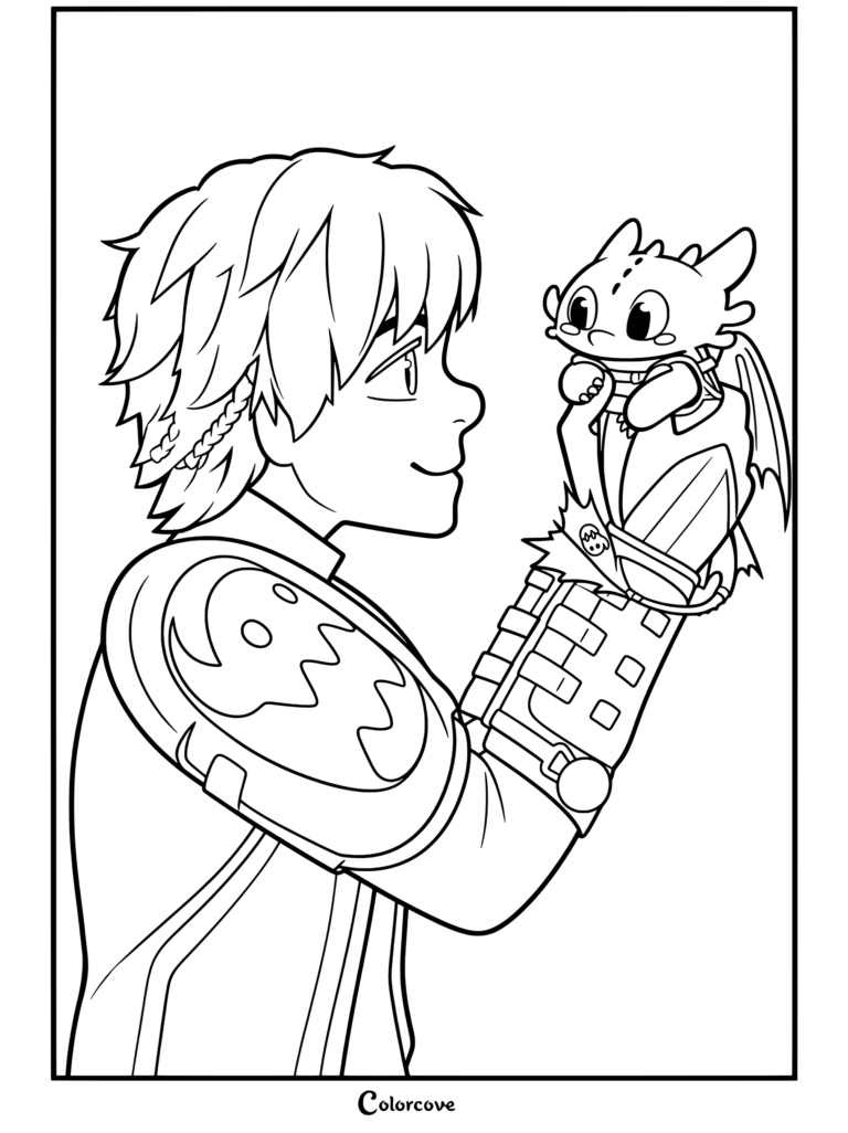 Page de coloriage d'Harold tenant un bébé Krokmou sur son bras dans Dragons