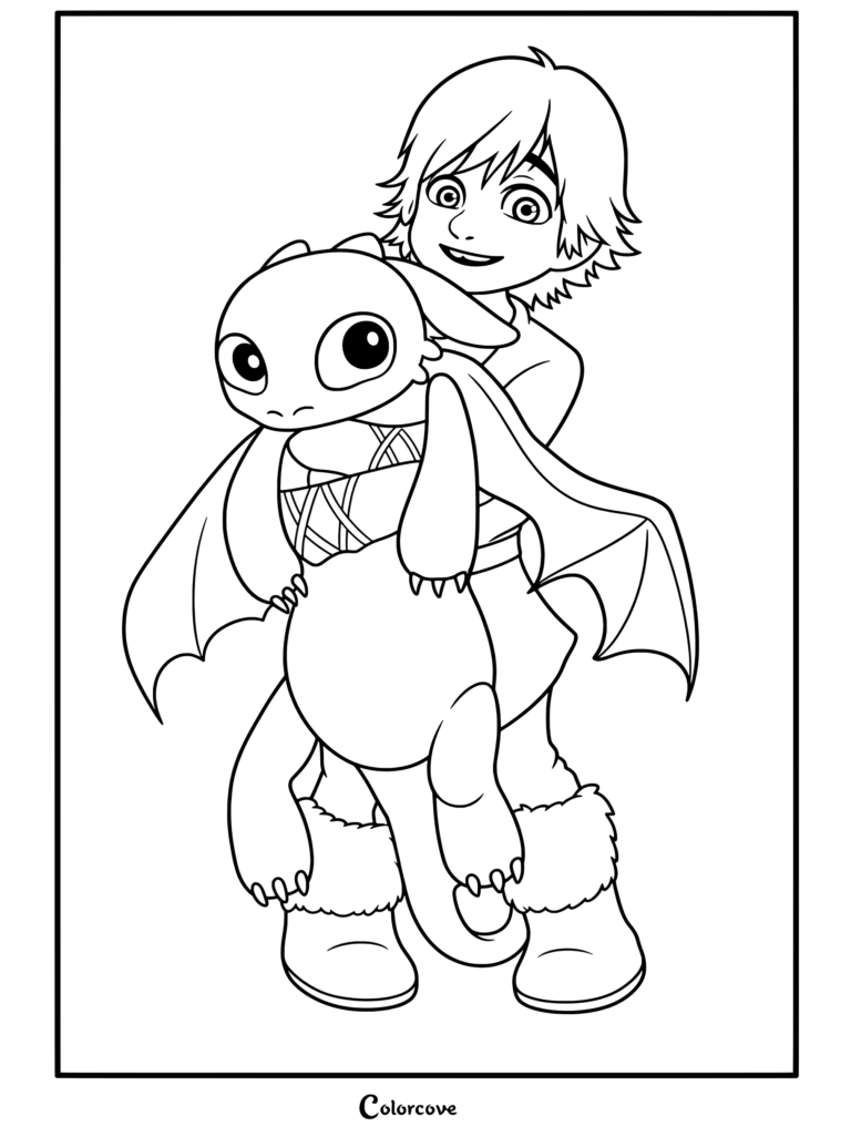 Harold faisant un câlin au bébé Krokmou le dragon Furie Nocturne dans cette page de coloriage Dragons.