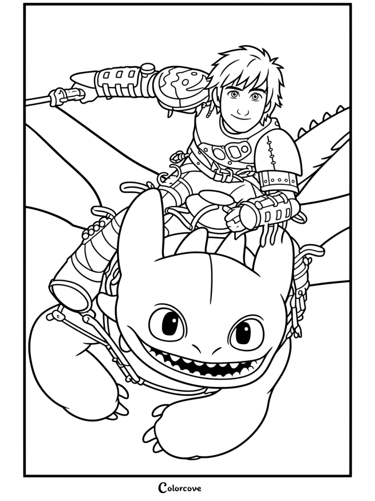 Harold chevauchant Krokmou le Furie Nocturne en vol avec une épée enflammée dans le ciel, page de coloriage tirée de Dragons.