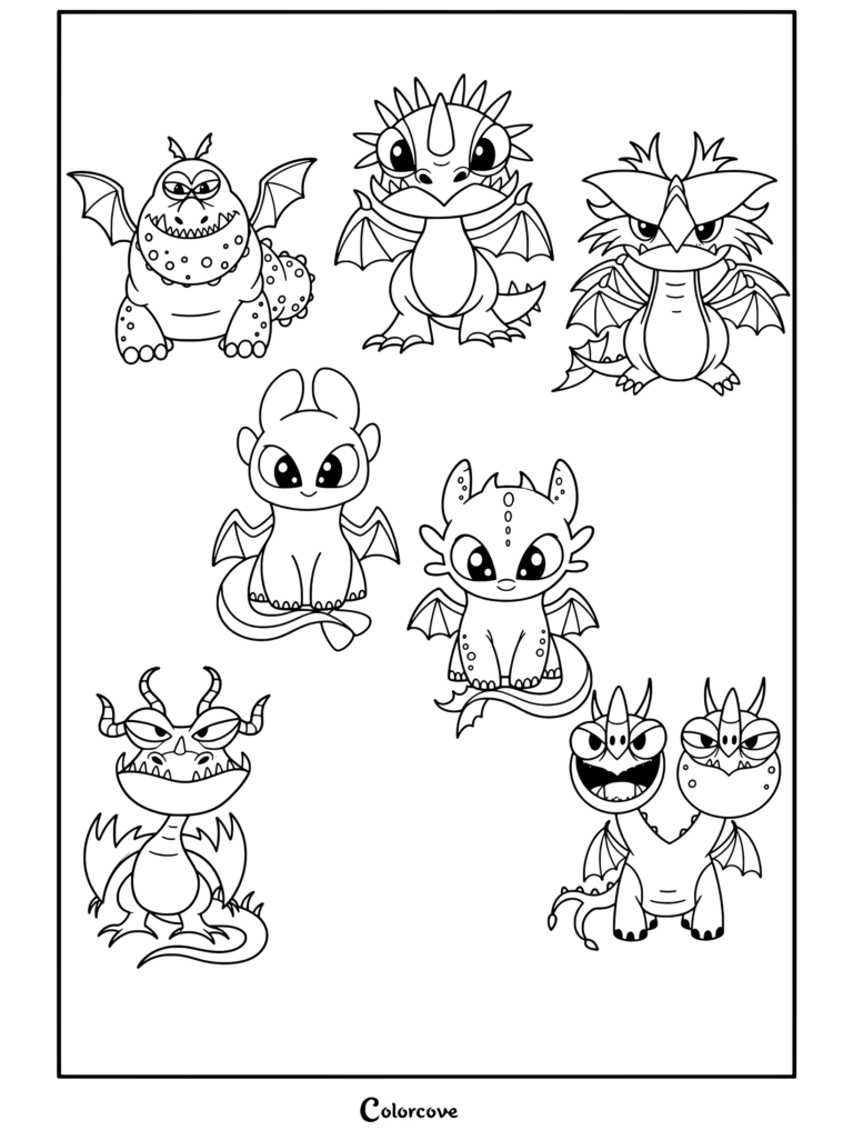 Page de coloriage de la collection de dragons chibi de Dragons représentant Krokmou, Furie Éclair, Groncque, Terrible Terreur et d'autres.