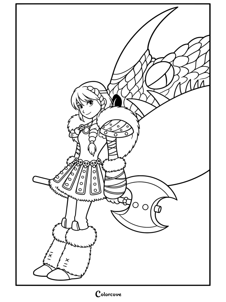 Astrid Hofferson et Tempête souriant avec confiance en tenant une hache de bataille, page de coloriage tirée de Dragons