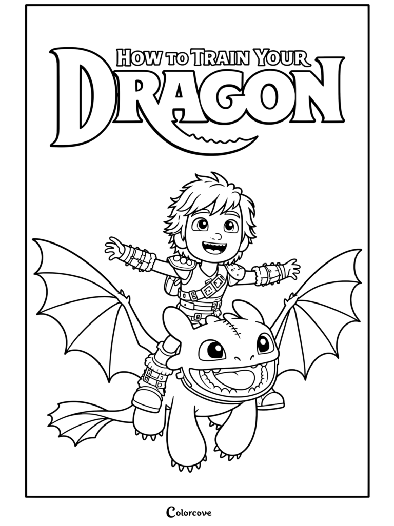 Page de coloriage Dragons représentant Harold chevauchant Krokmou, souriant joyeusement avec les ailes grand ouvertes sous le logo du film