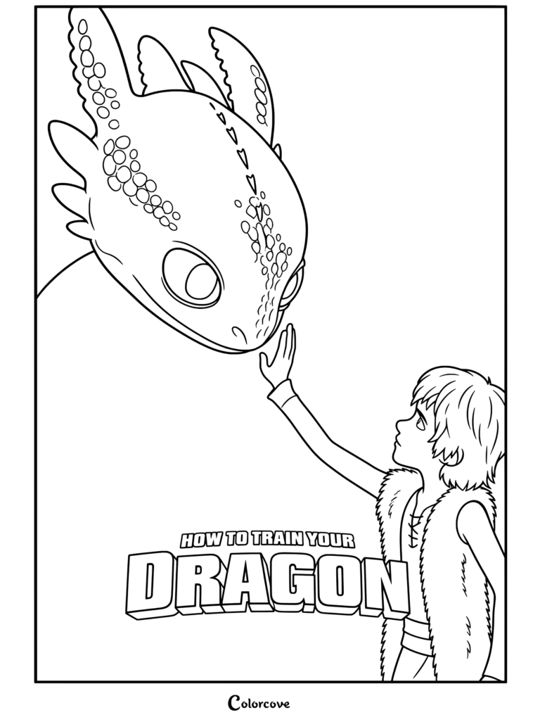 Krokmou et Harold se touchant le bout du nez sous une pleine lune, page de coloriage tirée de Dragons