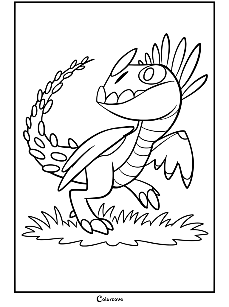 Page de coloriage de Tempête tirée de Dragons montrant le Nadder Mortel debout sur de l'herbe.