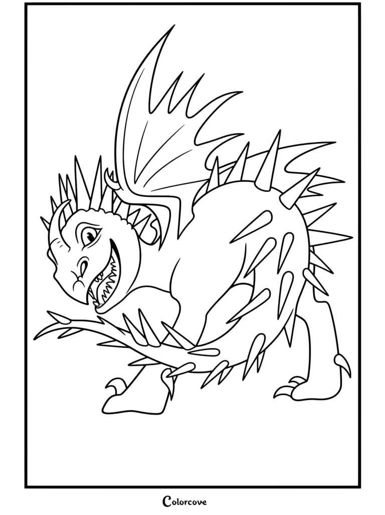 Page de coloriage à imprimer de Tempête représentant le dragon à épines de Dragons dans une pose ludique.