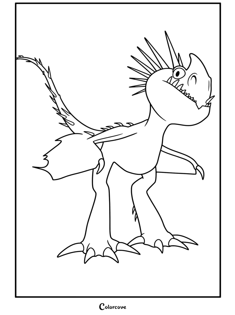 Tempête le dragon se tenant fièrement en pied sur un fond blanc uni, page de coloriage réalisée pour Dragons