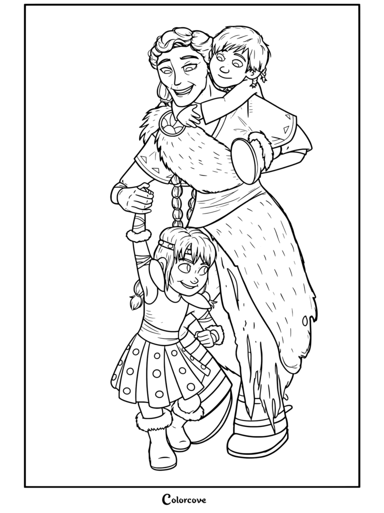 Valka passant du temps avec ses petits-enfants Zéphir et Nuffink Haddock dans cette page de coloriage Dragons.