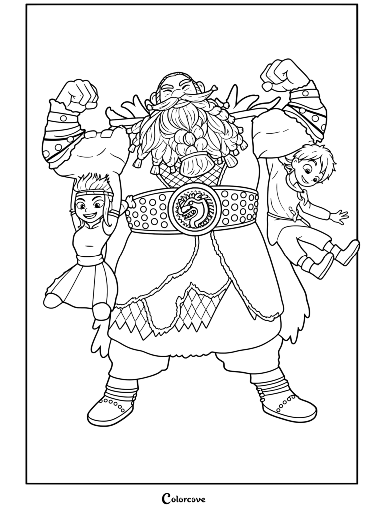 Page de coloriage à imprimer de Stoïk la Brute de Dragons portant joyeusement ses petits-enfants, Zéphir Haddock et Nuffink Haddock.