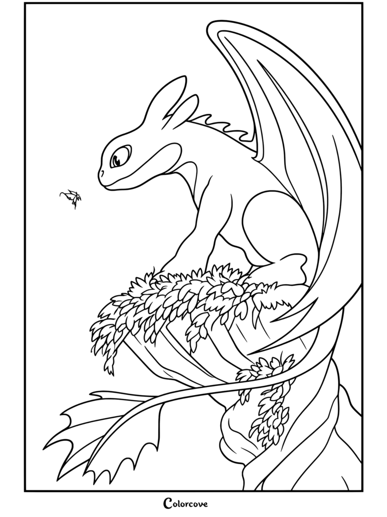 Krokmou le dragon Furie Nocturne perchés sur une falaise observant un petit insecte jaune, page de coloriage Dragons