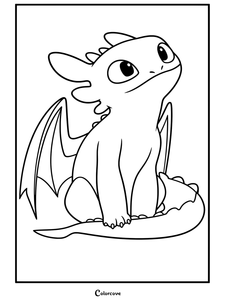 Krokmou le dragon Furie Nocturne assis avec curiosité, yeux verts et ailes repliées, page de coloriage réalisée pour les fans de Dragons