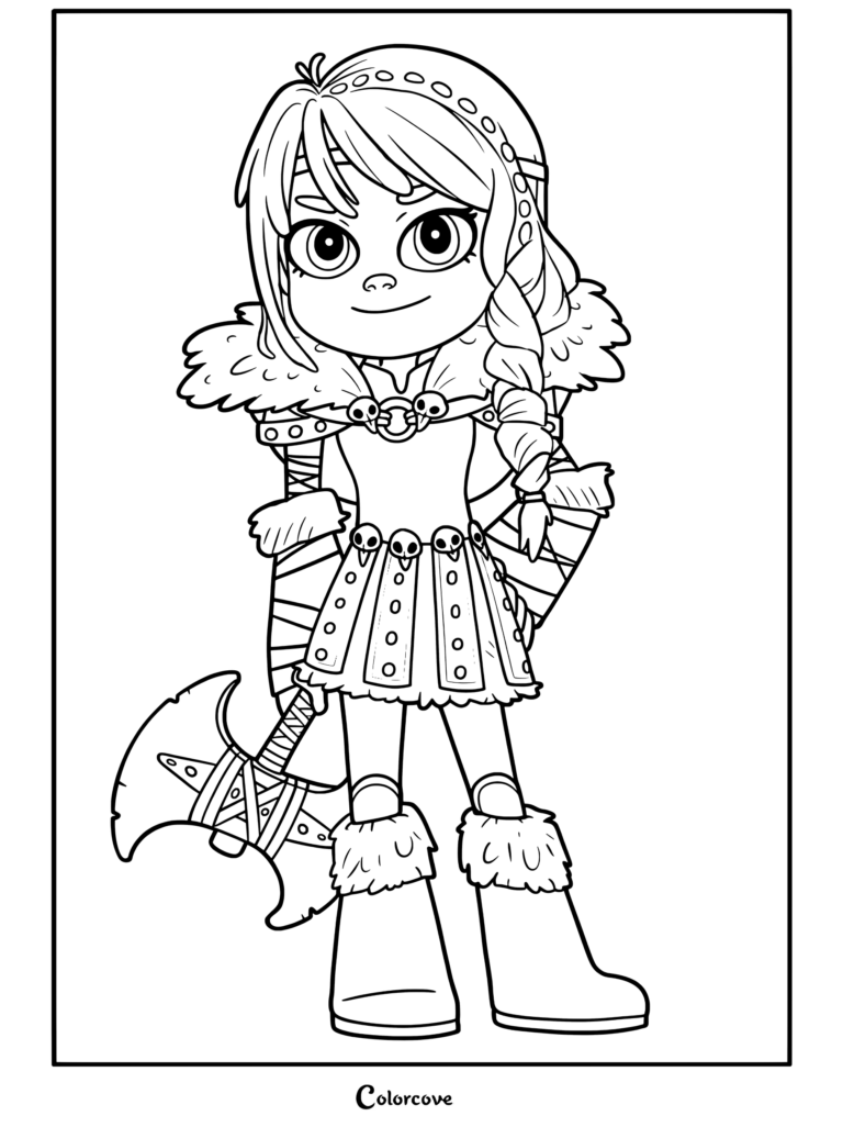 Astrid Hofferson en style chibi tenant une hache de bataille, page de coloriage Dragons