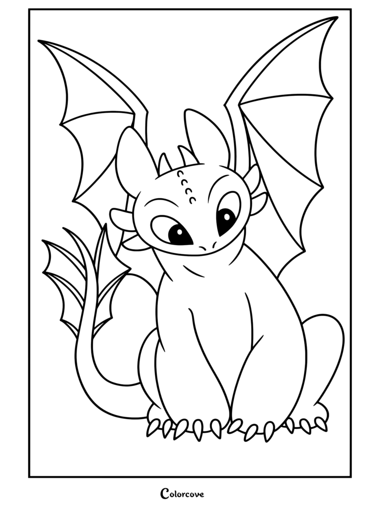 Krokmou le dragon Furie Nocturne assis avec curiosité, ailes déployées et yeux verts, page de coloriage réalisée pour Dragons
