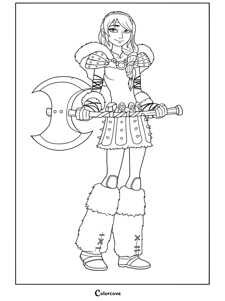 Astrid Hofferson tenant une hache de bataille à double tranchant et portant une armure de Viking en fourrure, page de coloriage Dragons