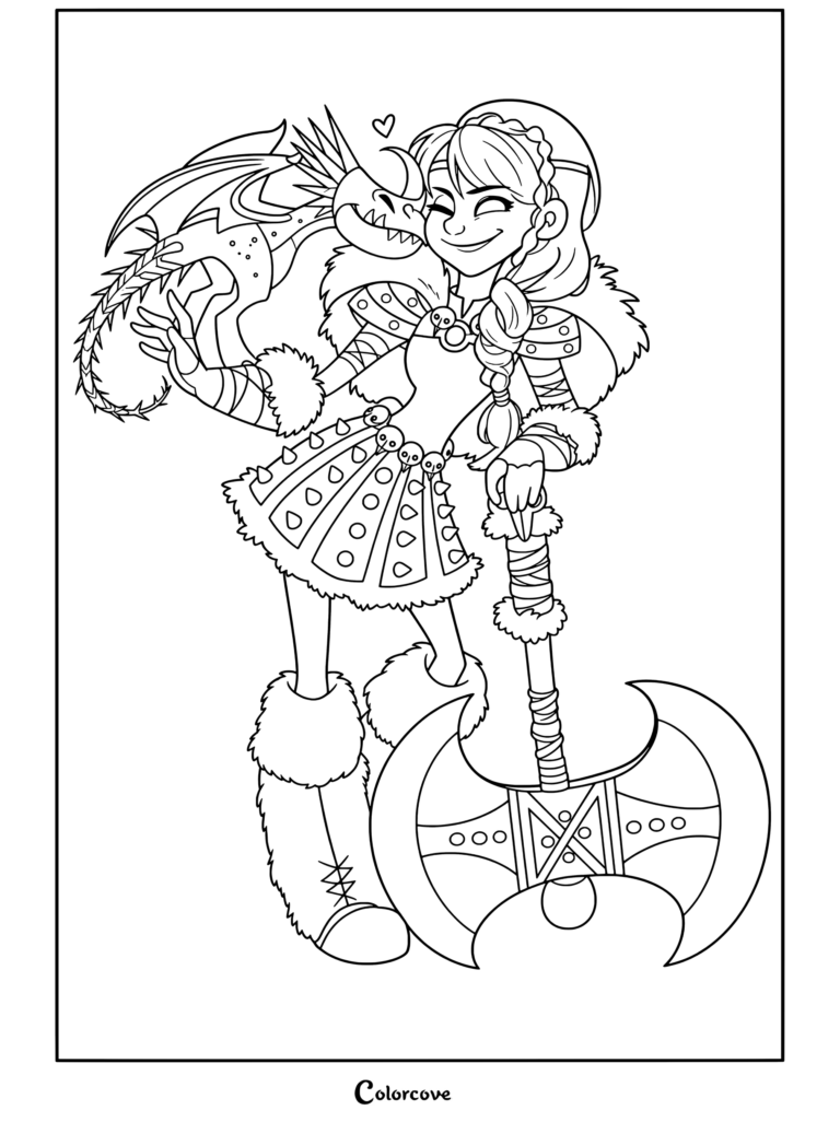 Astrid Hofferson tenant sa hache de bataille avec Tempête perchée sur son épaule souriant affectueusement, page de coloriage Dragons