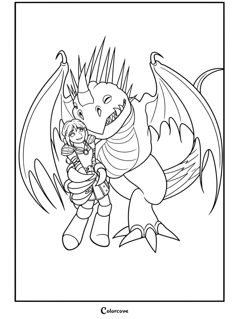 Astrid Hofferson faisant un câlin à Tempête le dragon Nadder Mortel, page de coloriage tirée de Dragons
