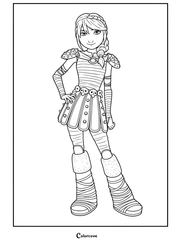 Page de coloriage à imprimer d'Astrid Hofferson dans une pose confiante tirée de Dragons, portant une armure de cuir cloutée, des bandages et des bottes garnies de fourrure.