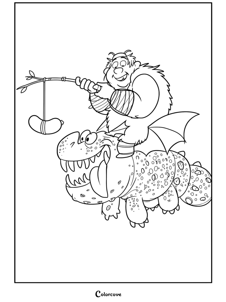 Page de coloriage de Varek et Bouboule tirée de Dragons montrant Varek chevauchant Bouboule et tenant une saucisse sur un bâton.